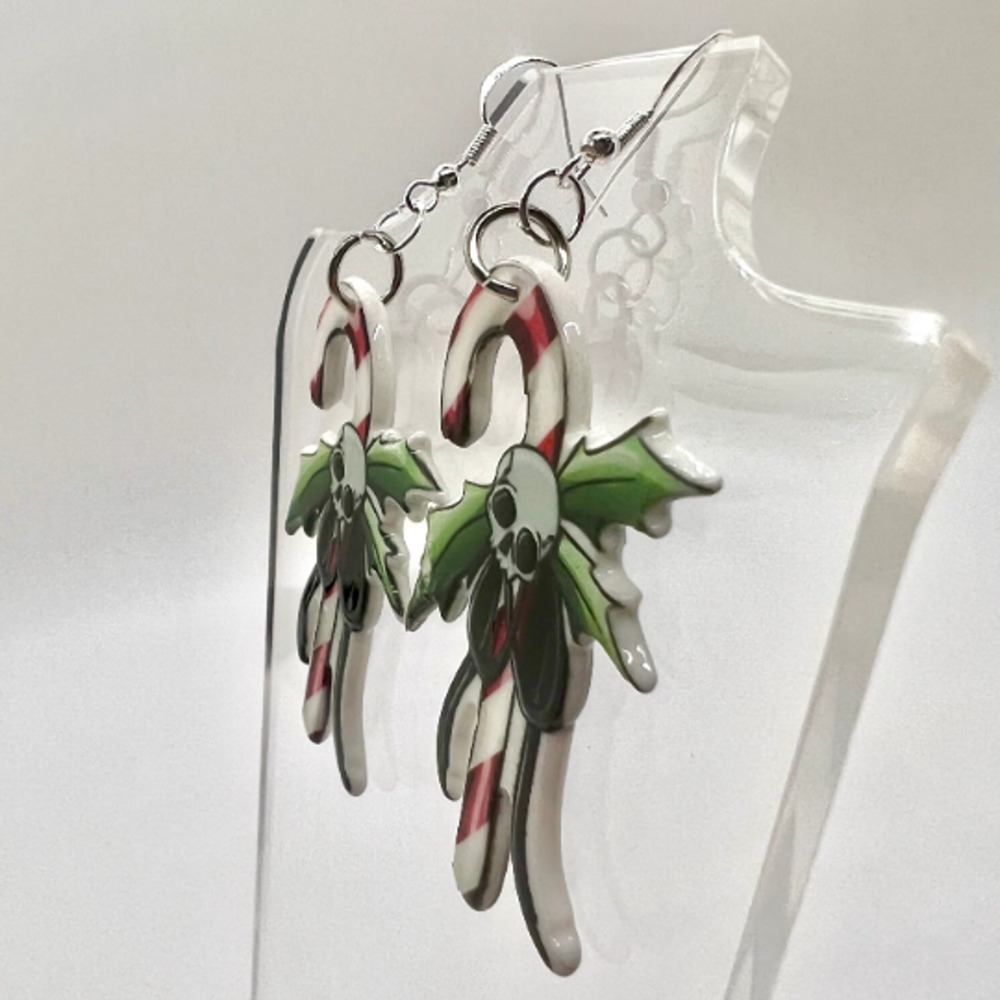 Skull Candy Cane Earrings - Christmas Earrings - Halloween Earrings - Goth Earri - Picture 5 of 7